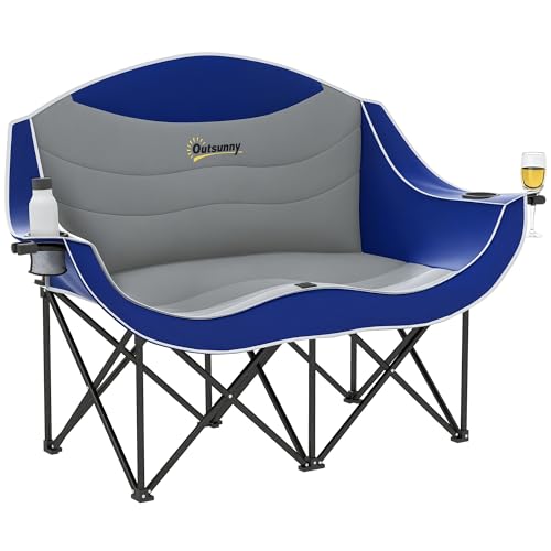 Outsunny Double Camping Chair for Adults, Padded Folding Camp Chair for 2 Person with Armrest, Wine Glass Holder, Cup Holder, Carry Bag for Outdoor, Supports up to 551 lbs. Blue and Gray