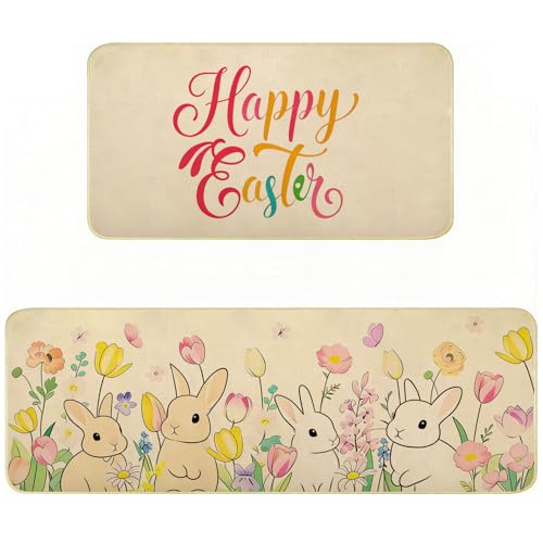 Easter Kitchen Rugs Set of 2 Cute Bunny Spring Floral Kitchen Mats for Floor Non Slip Absorbent Rubber Bathroom Rugs Easter Door Mat Spring Holiday Indoor Home Bath Mat Dining Room Decorations