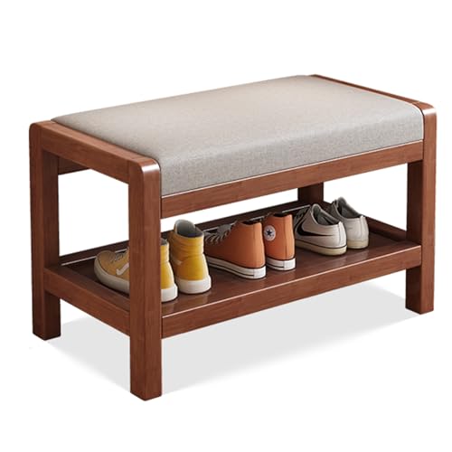 GYEQXKT Shoe Bench with Cushioned Seat, Solid Wood Shoe Rack, 2-Tier Storage for Entryway, Foyer, Hallway, Bedroom