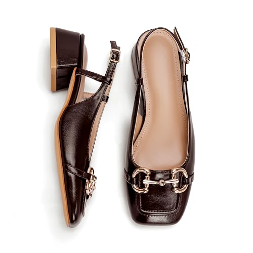 Image of Slingback Mary Jane Heels for Women Low Block Heel Closed Square Toe Pump Shoes Heels Classic Daily Office Dressy Shoes