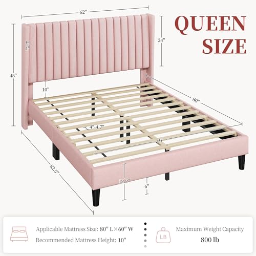 Image of Yaheetech Queen Bed Frame with Headboard,Pink Channel-Tufted Platform