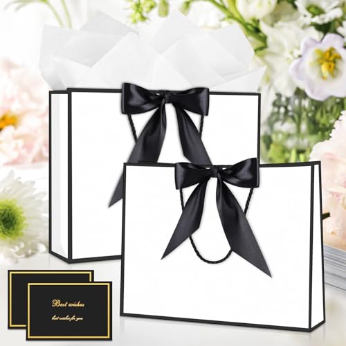 Image of JMANNI Gift Bags with Handles, 11 inch Small Gift Bag for Presents, 2 Pcs Bags with 4 Tissue Paper and 2 Cards for Baby Shower Wedding Bridal Shower Mother's Day Birthday Party (Black-White)
