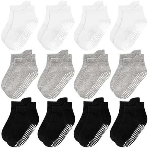 ELUTONG Kinder Antirutsch Knöchel Socken, 12 Paar Baumwolle Stoppersocken mit Rutschfester Griff für Jungen Mädchen 1-7 Jahre