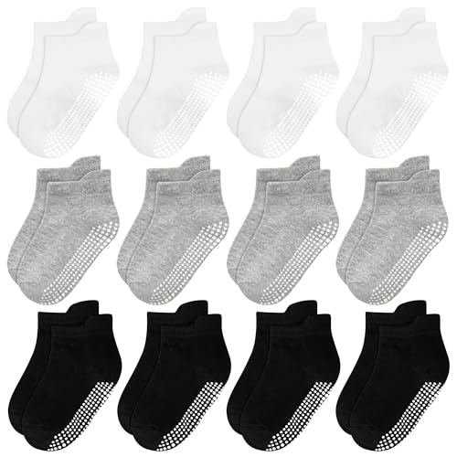 Image of ELUTONG Toddler Non-Slip Ankle Socks, 12 Pairs Baby Cotton Grip Socks for Boys and Girls Aged 5-7 Years (black*4+light grey*4+white*4)