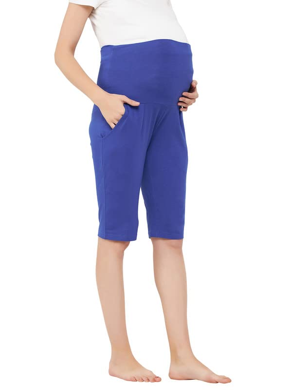 Image of Clovia Women's Cotton Chic Basic Maternity Shorts in Blue