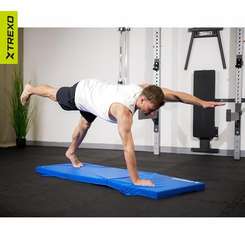 TREXO Faltbare Turnmatte 180x60x5 cm – Gymnastikmatte aus Kunstleder mit 3 Segmenten – 5 cm dicke Polsterung – für Fitness, Schule & Home Training (Blau)