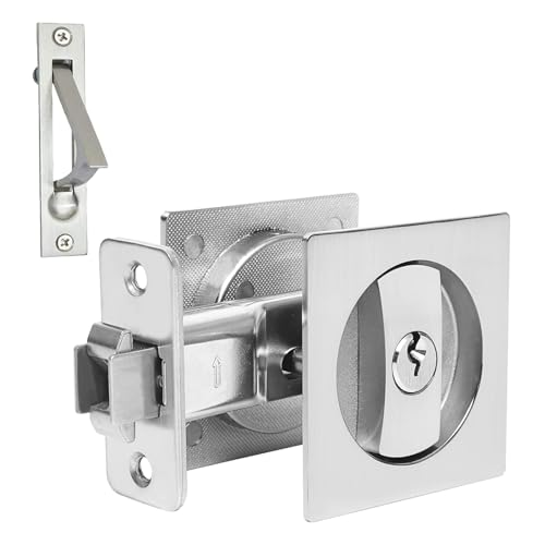 Dontay Keyed Pocket Door Lock with Pull Handle,Flush Mount Recessed Knob,2-3/8 inch Backset,Square Bed Bath Hardware Fit Sliding Barn Interior Door Thickness 1-3/8 to 2-3/16 inch(Brushed Nickel,1)
