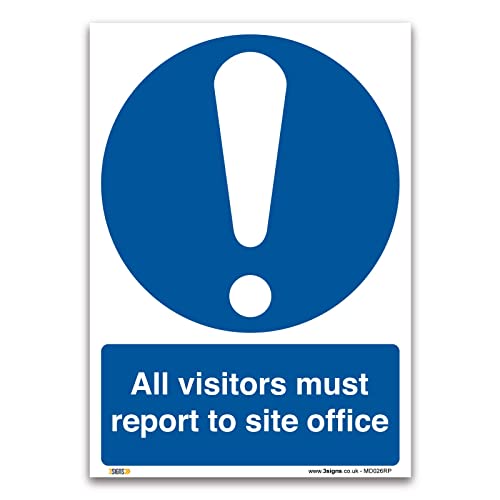 All visitors must report to site office Sign, A3 420x297mm, PVC Rigid Plastic, PPE Mandatory Health and Safety Signs