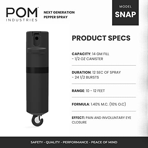 Pom Pepper Spray Black Flip Top Snap Hook - Maximum Strength Oc Spray Self Defense - Tactical Compact & Safe Design - Quick Key Release - 25 Bursts & 10 Ft Range - Accurate Stream Pattern #TOP1