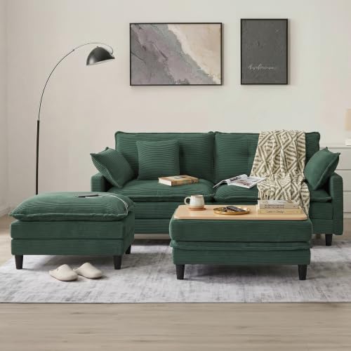 Image of Corduroy Storage Ottoman Coffee Table for Modular Sectional Couch, Corduroy Footrest Extension with Hidden Storage, Modern Soft Cushioned Stool for Living Room, Green