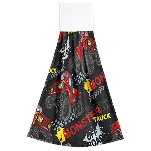 Susiyo 2Pcs Hanging Kitchen Towels, Monster Truck Car Hand Bath Towels Super Absorbent Dish Towels Soft Coral Velvet Tie Towel With Loop For Bathroom Washcloth Farmhouse Home Decor, 18X14 Inch #TOP1