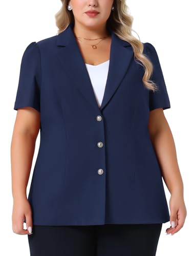 Agnes Orinda Plus Size Women Blazers Short Puff Sleeve Notched Lapel Single Breasted Office Blazer Jackets