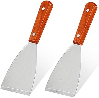 Yardwe 2PCS Stainless Steel Blade Slant Edge Grill Scraper Wooden Handle for Food Service, Baking,Blackstone Griddle Scraper Cleaning,Barbecue Supplies
