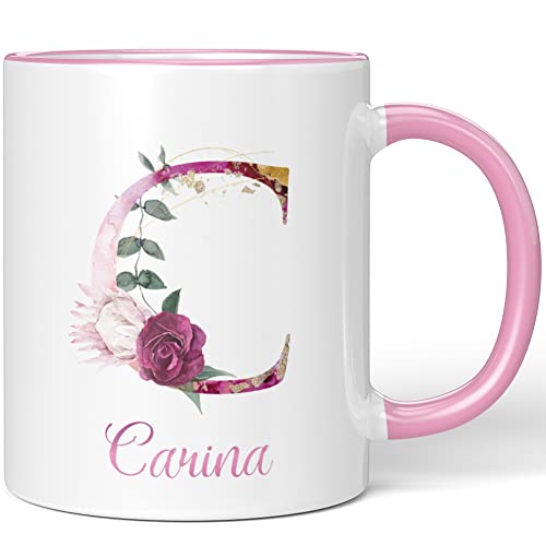 JUNIWORDS Tasse, Carina, Name Anfangsbuchstabe Initial Alphabet Floral Buchstabe C Monogramm Motiv, Rosa (5500166)