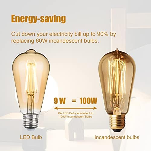DGO E27 LED Bulb, Dimmable Energy Saving Vintage Light Bulbs, ST64 Screw Edison Light Bulbs 9W (Equivalent to 100W), Warm White, Amber Glass, 6 Pack