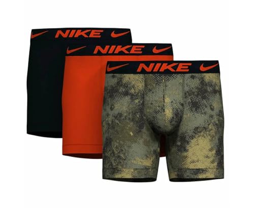 Nike Men`s Essential Micro Boxer Briefs 3 Pack - Cargo Khaki Schematic Camo/Team Orange/Black, Large
