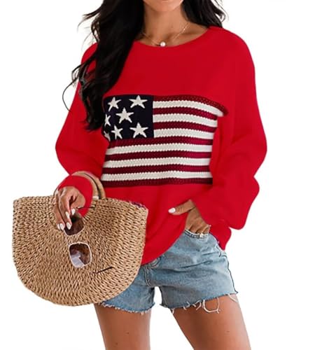 Image of Dressmine Womens American Flag Knit Sweater Crew Neck Long Sleeve Pullover
