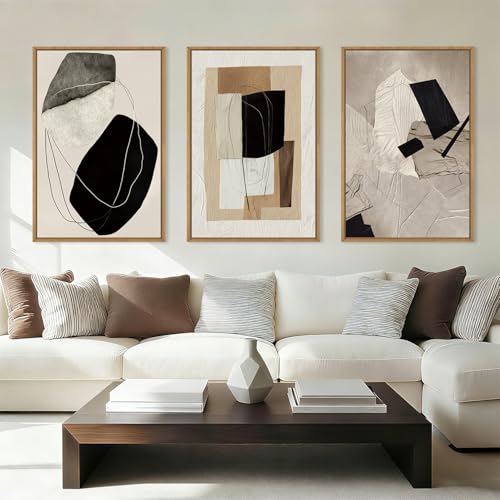 DRACIT Large Abstract Neutral Framed Canvas Wall Art Set,Modern Beige Black Artwork for Walls,Minimalist Block Wall Decor for Living Room, Bedroom,Office-24 x36 x3