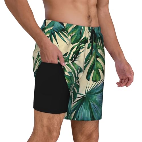 Green Banana Leaves Print Swim Trunks Men Beach Pants Swimwear Beach Shorts with Pockets for Surfing Swimming3
