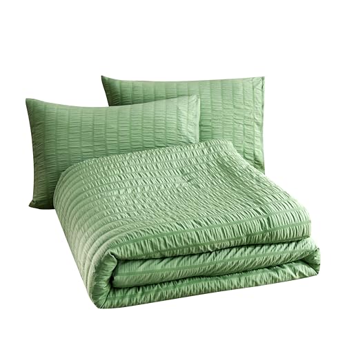 Delien Bed Linen Set 155 x 220 cm 3-Piece Green Microfibre Seersucker Duvet Cover with Stripes, Soft Fluffy - Image 4