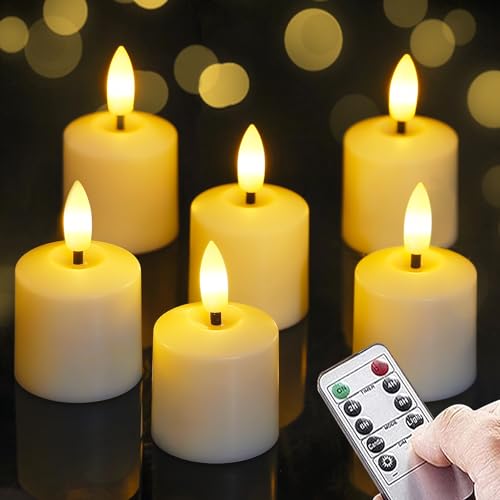 Mavandes Pequeñas velas LED parpadeantes sin llama con pilas y mando a distancia, 4cm x 6,5cm marfil, temporizador 2/4/6/8h velas votivas a pilas de plástico pilar larga duración paquete de 6