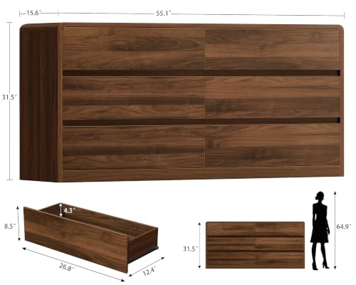 Image of TEENFON 55 inch Dresser for Bedroom with 6 Drawers, Dressers & Chests of Drawers with Curved Profile Design, 6 Drawer Dresser, Bedroom Dressers, Wood Dressers for Bedroom, Hallway, Walnut