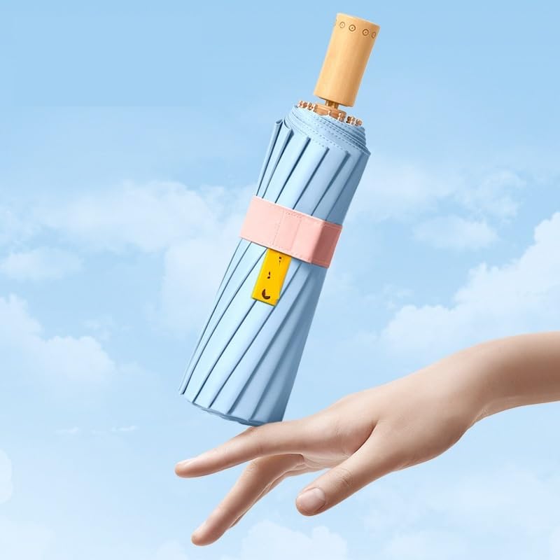 RENEESME Umbrellas for Rain 16-Bone Sun Umbrella Wooden Handle Umbrella Girl Solid Color Folding Umbrella Retro Sunshade Umbrella Strong Umbrella for Wind and Rain(A)