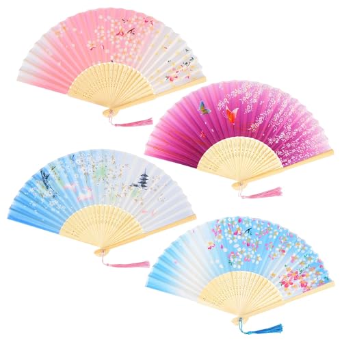 Lot de 4 eventail éventail japonais évantail tissu soie pliants éventails bambou evantail solide evantaille chinois avec frange pour femme mariage été enfant fille homme