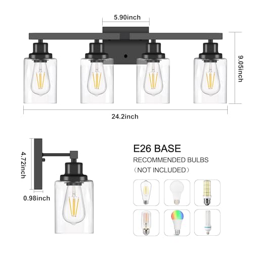 DIKAIDA Bathroom Vanity Light, 4-Light Modern Matte Black Wall Sconce Lighting with Clear Glass Shade, Black Wall Lights,Bath Vintage Wall Mounted Lamps for Mirror Bedroom,Living Room - Thumbnail 5
