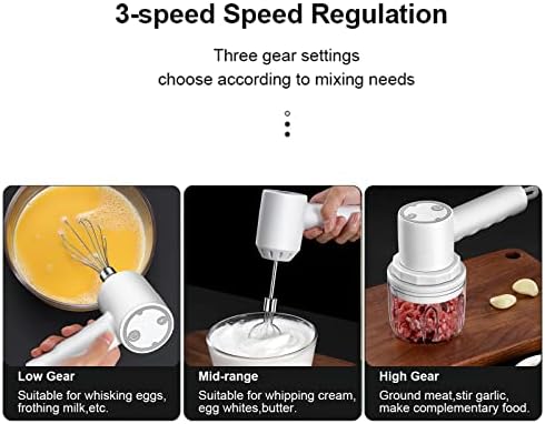 Cuteefun Electric Garlic Chopper, 2 in 1 Multifunction Handheld Whisk Egg Beater, Hand Mixer for Baking, USB Rechargeable, 3-Speed Adjustable, 250ml Mini Chopper for Onions, Meat, Ginger