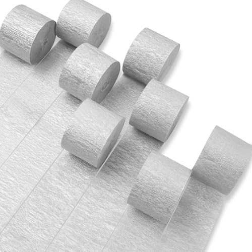 Image of PartyWoo Silver Crepe Paper Streamers 8 Rolls 656 ft Pack of Metallic Silver Crepe Paper for Graduation Baby Shower New Year Birthday Party Decorations (1.8 Inch x 82 Ft /Roll), Silver-706