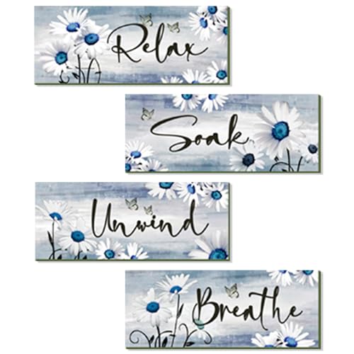 ZINYAZHE 4 Pieces Blue Bathroom Decor Set Farmhouse Daisy Floral Abstract Navy Blue Bathroom Accessories Flowers Art Rustic Wood Sign for Home Bedroom Living Room Kitchen Decoration, 10 x 4 Inch