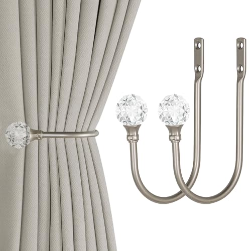 2 Pieces of Heavy Duty U Shaped Metal Curtain Holdbacks Curtain Tie Backs Hook with Clear Crystal Ball Tie Backs for Curtains (2, Silver)