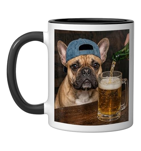 French Bulldog Drinking Beer Funny French Bulldog Dog Meme Ceramic Mug, Black/White