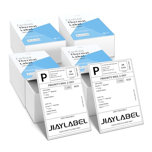 JIAYLABEL 4x6 Thermal Shipping Label Paper for Thermal Label Printer USPS UPS Address Mailing Stickers Big Packing Fanfold White 500 Labels/Stack,4 Stacks, Total 2000PCS