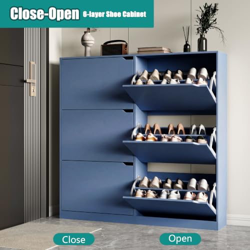 Image of Xixini Shoe Storage Cabinet for Entryway with 6 Flip Drawers, Sturdy Wood Hidden Shoe Storage, Freestanding Narrow Slim Shoe Organizer for Front Door Entrance, Living Room, Hallway, Bedroom, Blue