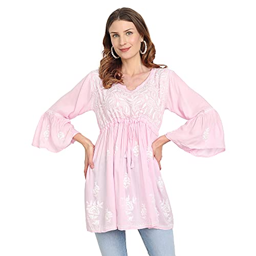 Image of indiankala4u Lucknow Chikankari Hand Embroidered Fit and Flared Top, Short Kurti for Women, Modal Cotton