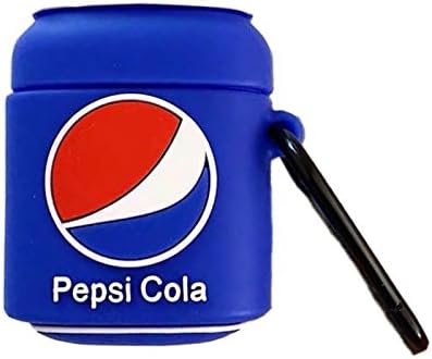 Shockproof Soft Silicone Pepsi Case with Keychain Hook for Apple Airpods 1 2 1st 2nd Generation 3D Blue White Coke Drink Can Shaped Fun Cool Unique Creative Fresh Gift Kids Teens Men Boys Girls Unisex