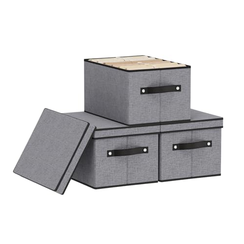 YheenLf 3 Stück Aufbewahrungsbox mit Deckel, Faltbare Aufbewahrungskorb, Stoffbox mit Griff, Schrank Organizer Kleiderschrank, für Kleidung, Grau, 33x23x18cm