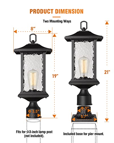 Beionxii Outdoor Post Lights, 21" H Large Exterior Lamp Post Light Pier Mount Lantern With Base, Black Cast Aluminum W/Water Glass - A272P-2Pk #TOP3