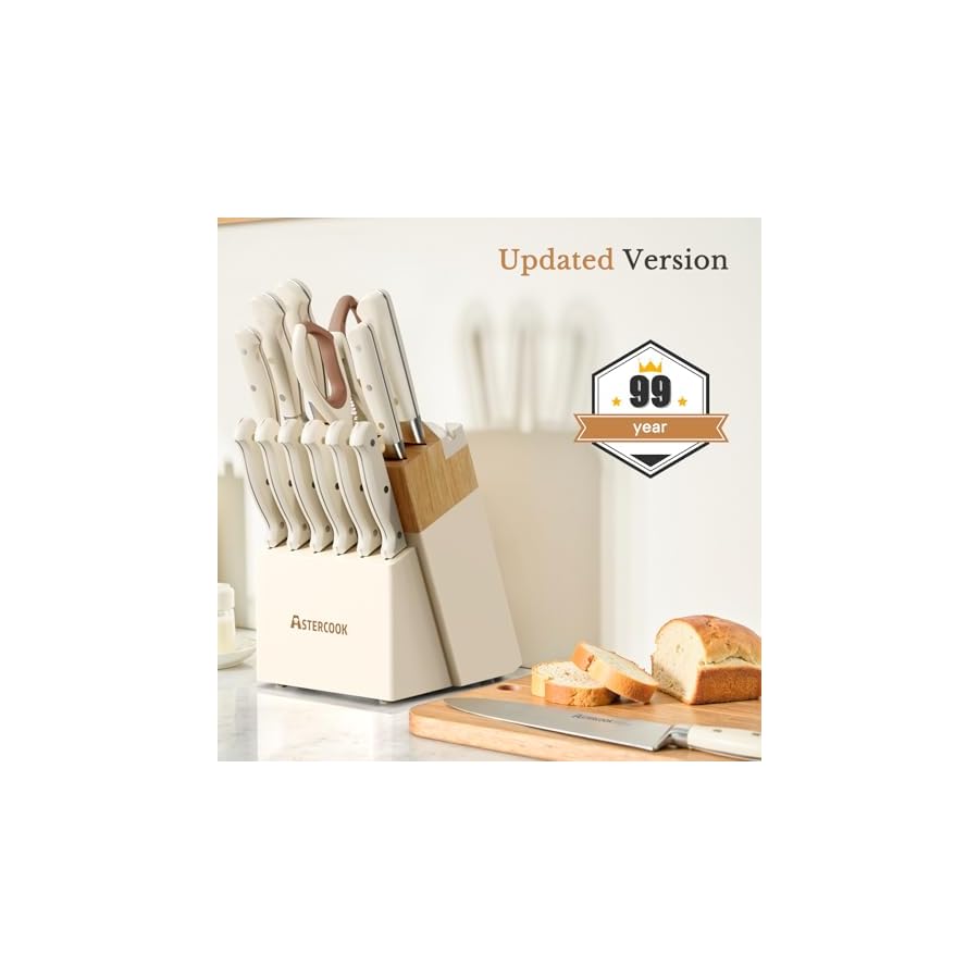 Knife Set,Astercook Kitchen Knife Set with Block 14-Piece Full Tang Stainless Steel Knives with Sharpener Dishwasher Safe and Anti-Slip Ergonomic Handle Elegant Cream White Utensils Set