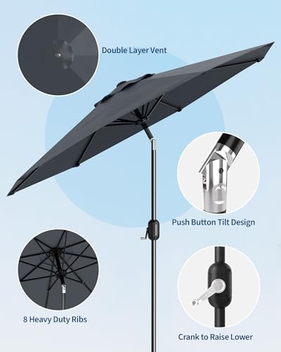 9FT Outdoor Patio Umbrella, Outdoor Table Umbrella, Market Umbrella with Push Button Tilt and Crank, 8 Sturdy Ribs UV Protection Waterproof for Garden, Deck, Backyard, Pool (Grey)