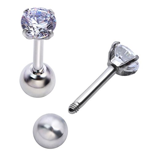 Zysta Pair Clear Cubic Zirconia 16G Earring Studs Round Rhinestone Diamond Stainless Steel Post Back Ball Screw Men Women Boy Girl Nose Helix Cartilage Ear Lobe Small Cute Piercing Jewelry #TOP5