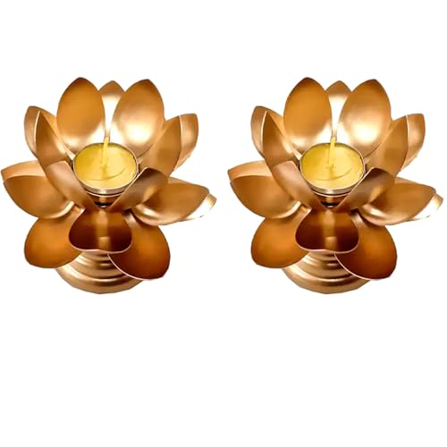 Image of Easyera Beautiful Lotus Tealight Holder Candle Stand Metal Home Decoration Festival Occasions Diwali Ga (Not Include Glass Candle) (Pack of 2- (Golden) Mini Lotus)
