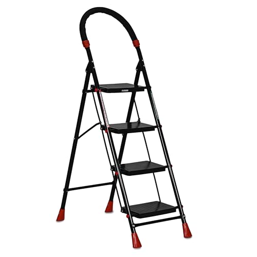 Image of FLIPZON Halo Foldable 4 Step Ladder for Home and Office Use | Alloy Steel | Wide Steps | Wobble-Free | Skid-Free Steps | Durable Safety Ladder | Rust Free | Anti-Skid (Black)