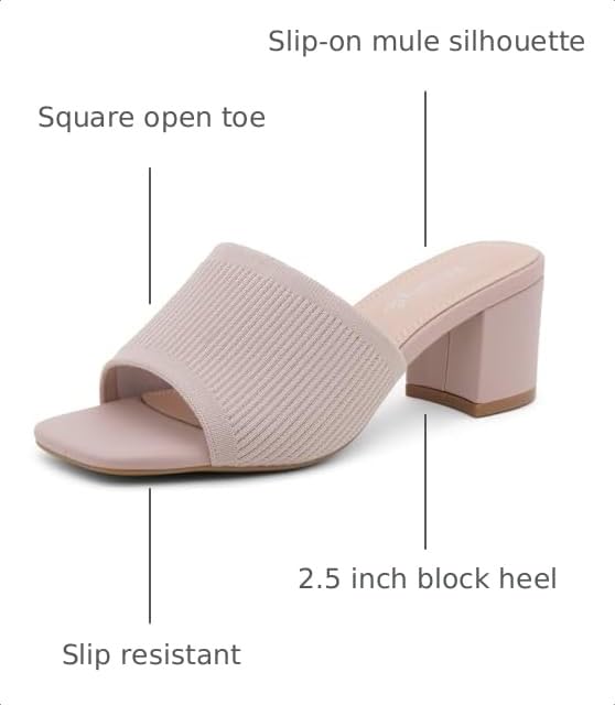 Image of Herstyle Square Open Toe Heeled Sandals for Women 2.5 Inch Low Block Chunky Heel Sandals Slip-On Mules Comfortable Dress Shoes for Party Wedding Office