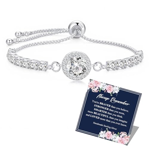 Image of BMMYE Silver Bracelet for Women, Round Cubic Zirconia 925 Sterling Silver Bracelets for Women Adjustable Womens Bracelet with Cards Jewellery Birthday Gifts for Mum Grandma Sister Friends
