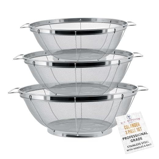 U.S. Kitchen Supply - 3 Piece Colander Set - Stainless Steel Mesh Strainer Net Baskets with Handles & Resting Base - 11" 5 Quart, 9.5" 4 Quart and 8.5" 3 Quart - Strain, Drain, Rinse, Steam or Cook