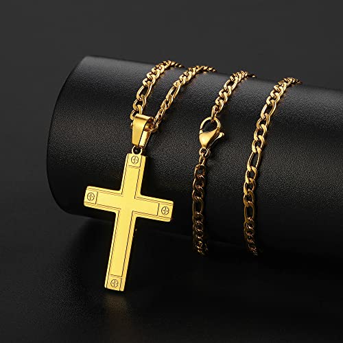 Luxejew Gold Mens Cross Necklace, Cross Chain Pendant Necklace For Men Boys Gold Chain For Men Figaro Chains For Men Stainless Steel Cross Necklace For Men Jewelry Father’s Day Gifts For Men 22 Inch #TOP2