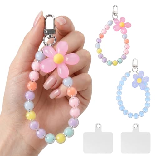 ZIBUYU® 2Pcs Acrylic Beaded Phone Chain Set, Colorful Acrylic Beads, Pastel Daisy Phone Strap with, Cute Y2K Style Bag, Phone Case, and Key Accessories with Lobster Clasp & Tether Tab